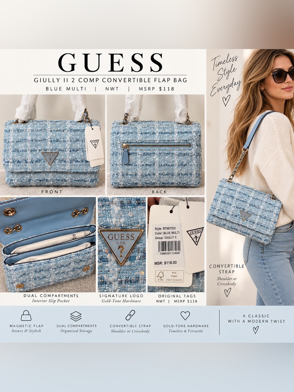 GUESS Blue Multi Tweed Convertible Crossbody Bag with Gold-Tone Hardware